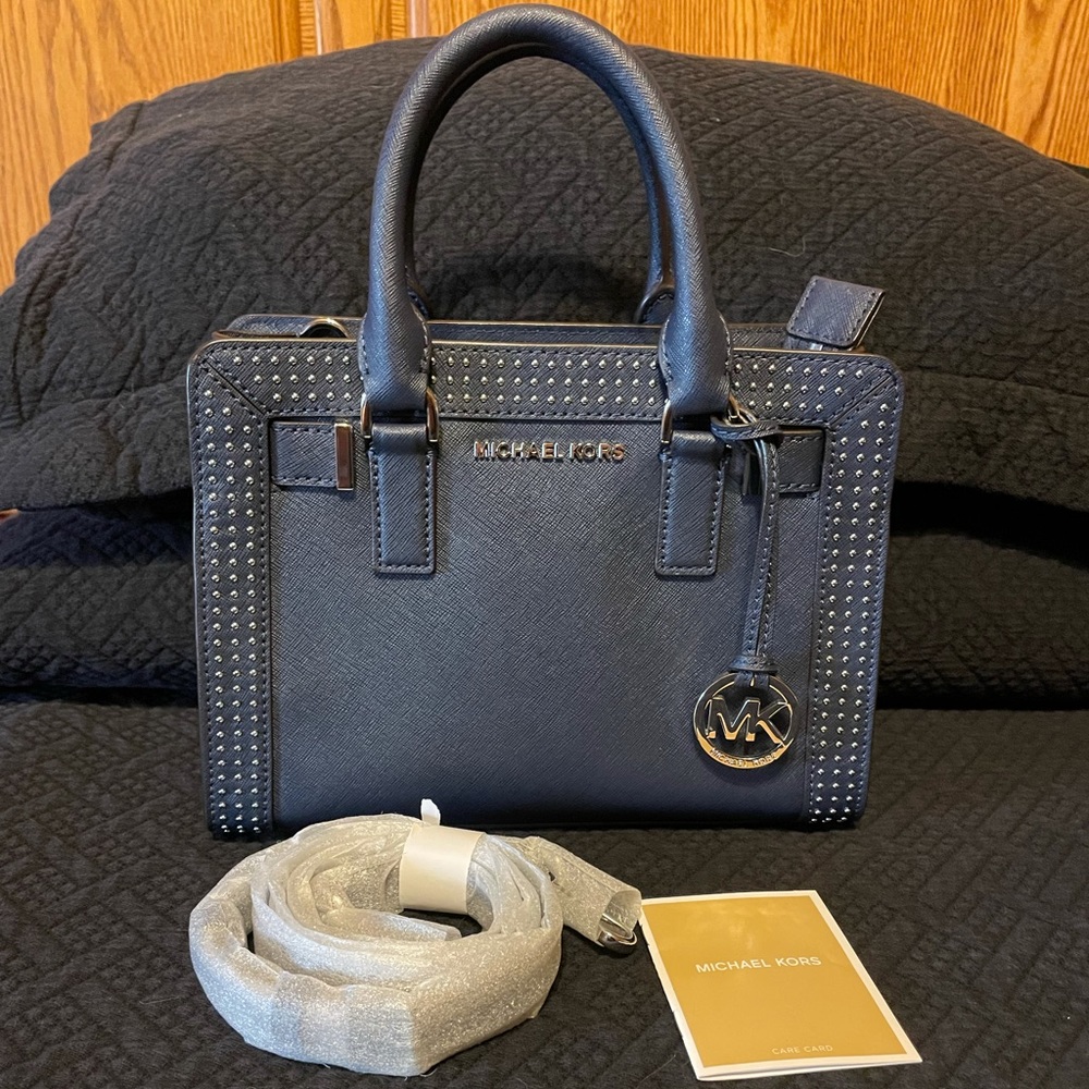 Small navy Michael Kors Saffiano leather satchel
